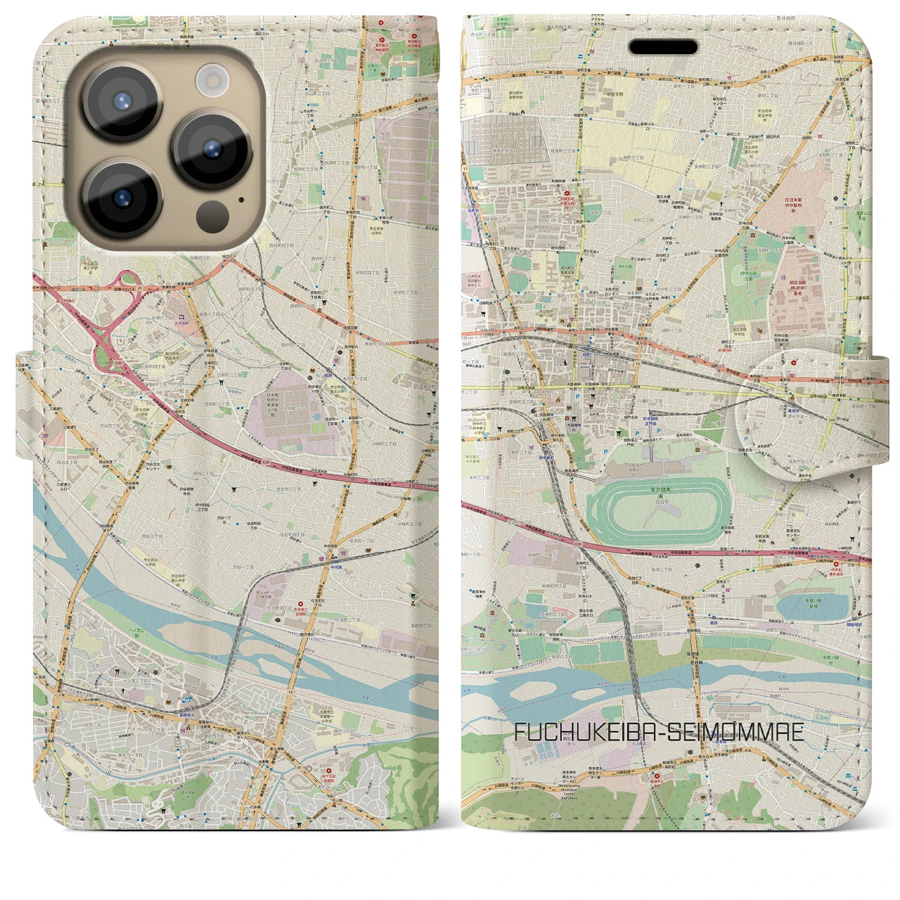 【府中競馬正門前】地図柄iPhoneケース（手帳両面タイプ・ナチュラル）iPhone 14 Pro Max 用