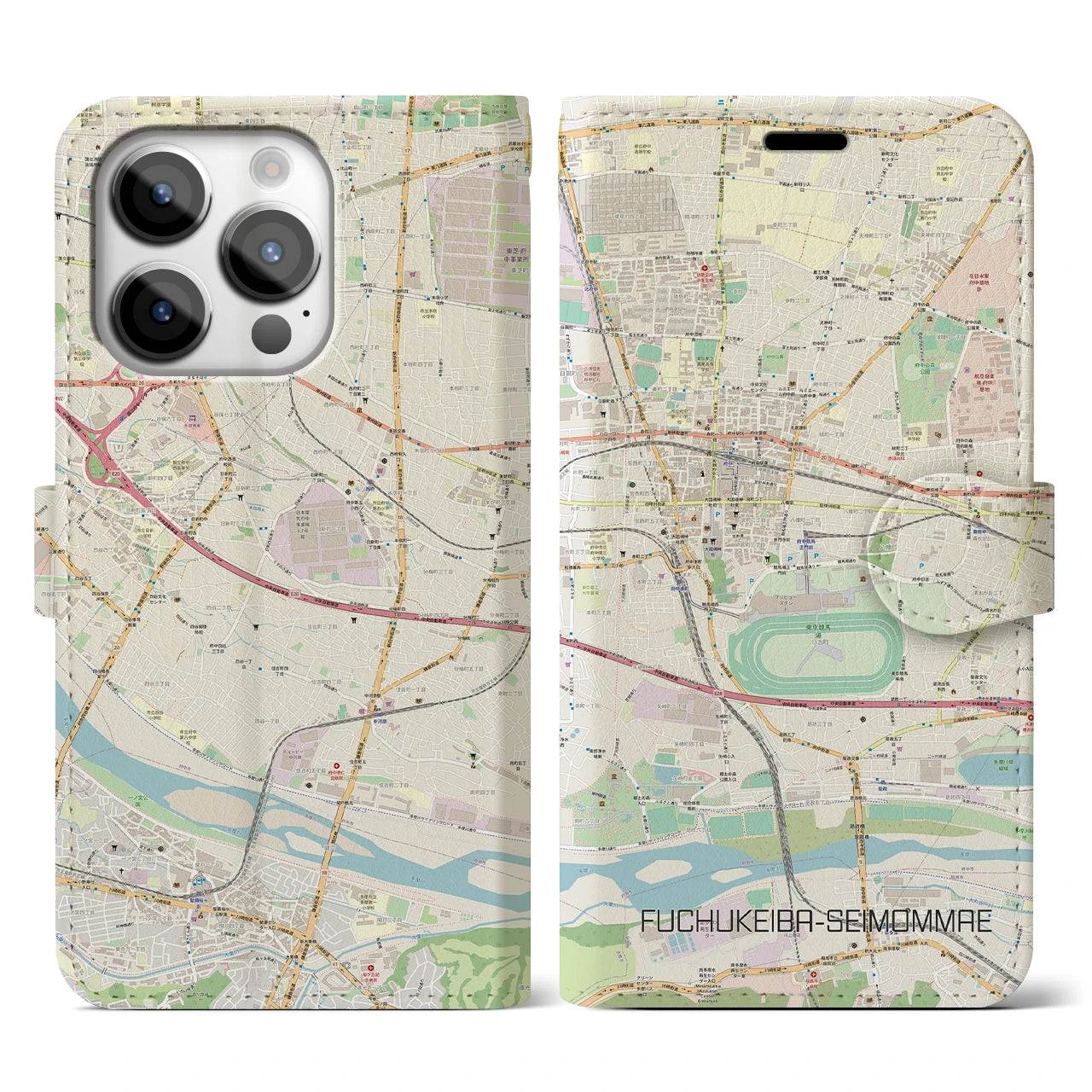 【府中競馬正門前】地図柄iPhoneケース（手帳両面タイプ・ナチュラル）iPhone 14 Pro 用