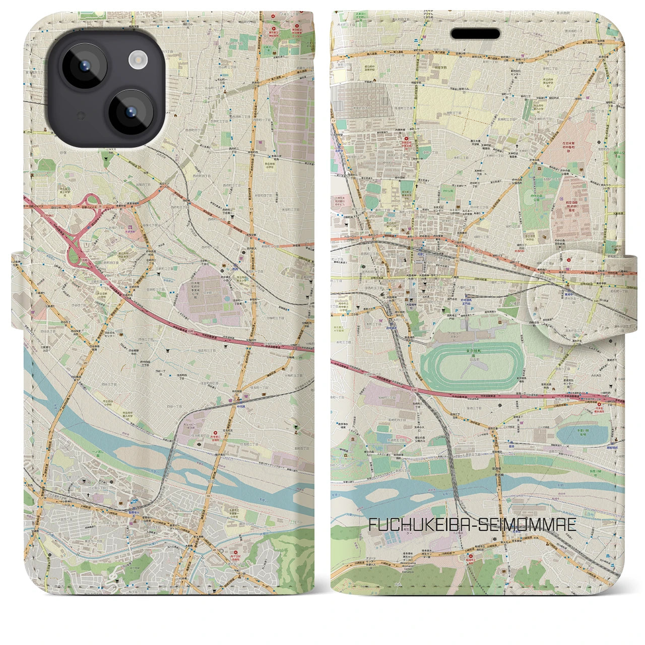 【府中競馬正門前】地図柄iPhoneケース（手帳両面タイプ・ナチュラル）iPhone 14 Plus 用