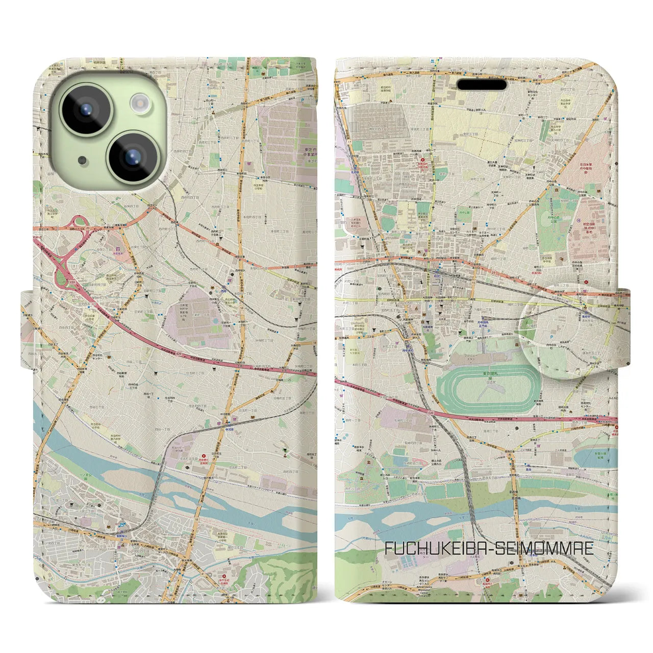 【府中競馬正門前】地図柄iPhoneケース（手帳両面タイプ・ナチュラル）iPhone 15 用
