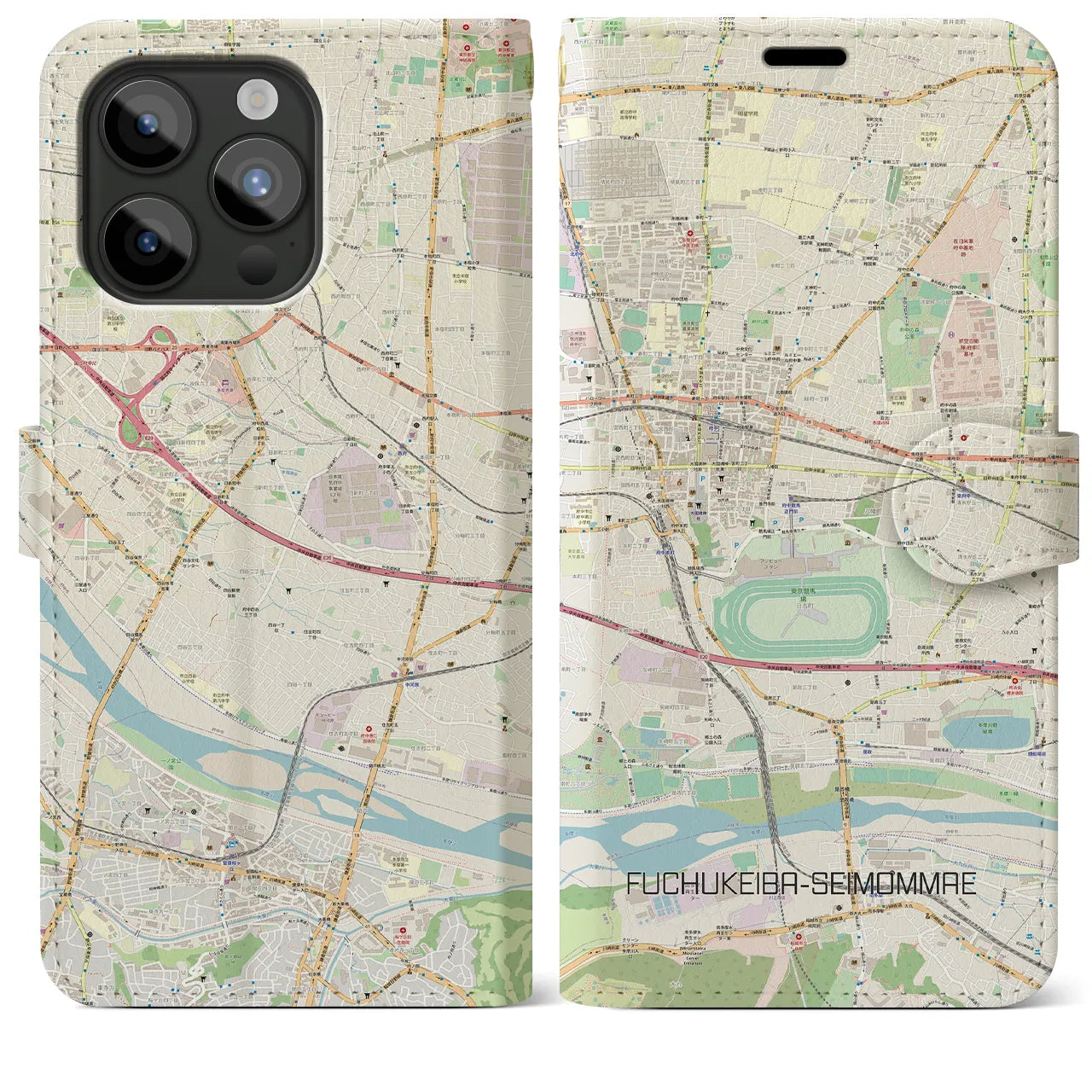 【府中競馬正門前】地図柄iPhoneケース（手帳両面タイプ・ナチュラル）iPhone 15 Pro Max 用