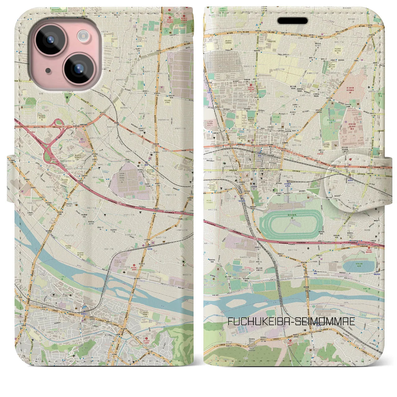 【府中競馬正門前】地図柄iPhoneケース（手帳両面タイプ・ナチュラル）iPhone 15 Plus 用