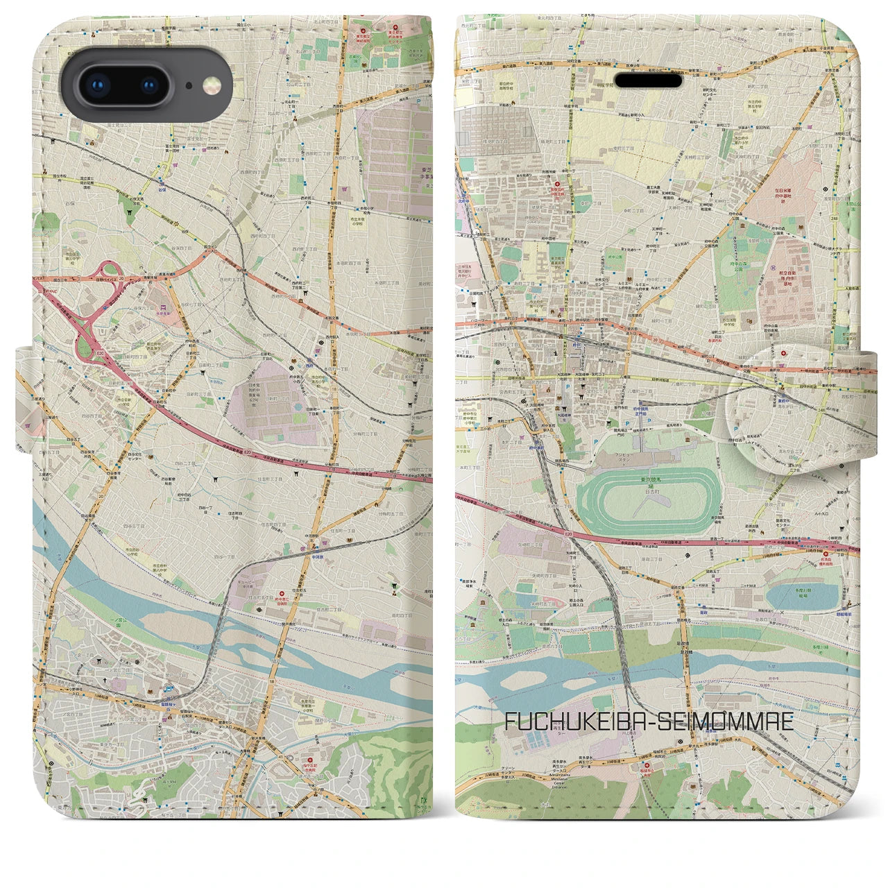 【府中競馬正門前】地図柄iPhoneケース（手帳両面タイプ・ナチュラル）iPhone 8Plus /7Plus / 6sPlus / 6Plus 用