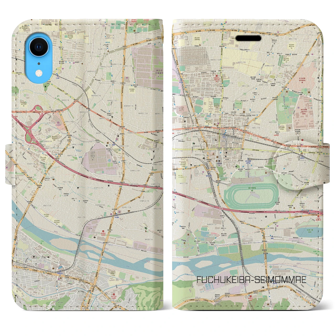 【府中競馬正門前】地図柄iPhoneケース（手帳両面タイプ・ナチュラル）iPhone XR 用