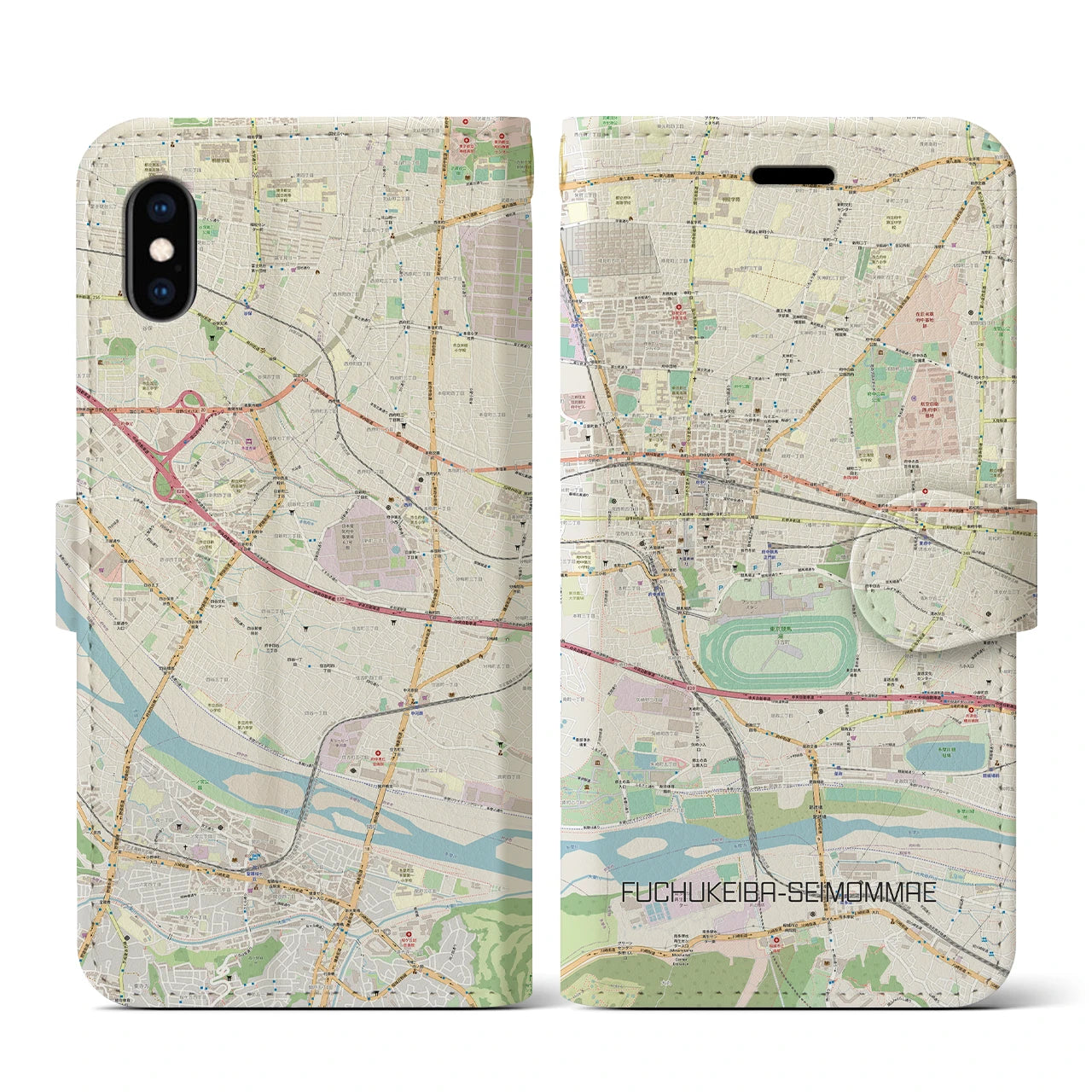【府中競馬正門前】地図柄iPhoneケース（手帳両面タイプ・ナチュラル）iPhone XS / X 用