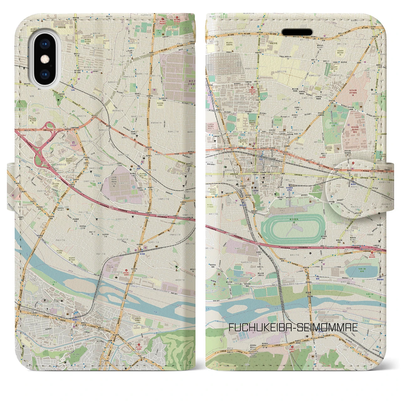 【府中競馬正門前】地図柄iPhoneケース（手帳両面タイプ・ナチュラル）iPhone XS Max 用