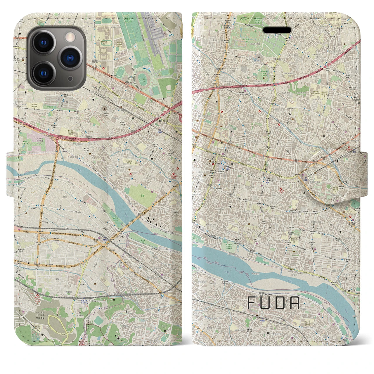 【布田】地図柄iPhoneケース（手帳両面タイプ・ナチュラル）iPhone 11 Pro Max 用