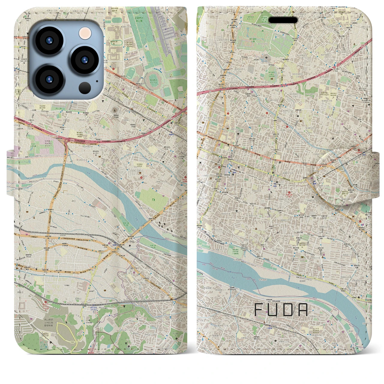 【布田】地図柄iPhoneケース（手帳両面タイプ・ナチュラル）iPhone 13 Pro Max 用