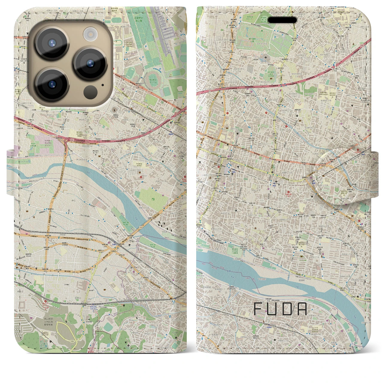 【布田】地図柄iPhoneケース（手帳両面タイプ・ナチュラル）iPhone 14 Pro Max 用