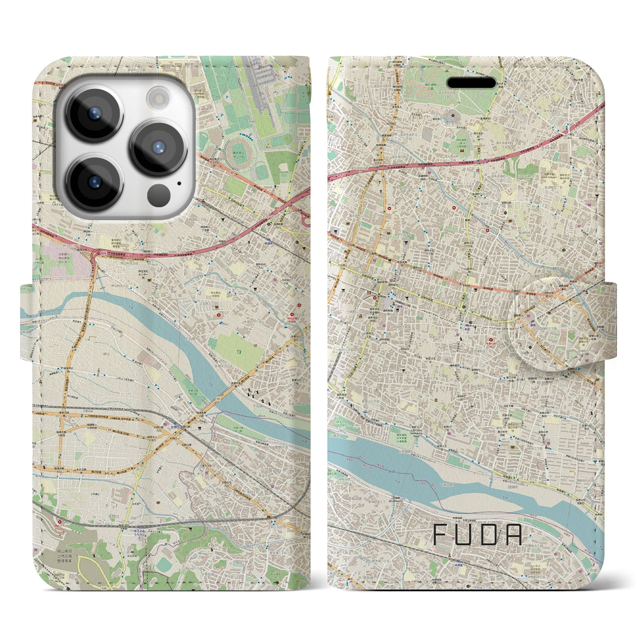 【布田】地図柄iPhoneケース（手帳両面タイプ・ナチュラル）iPhone 14 Pro 用