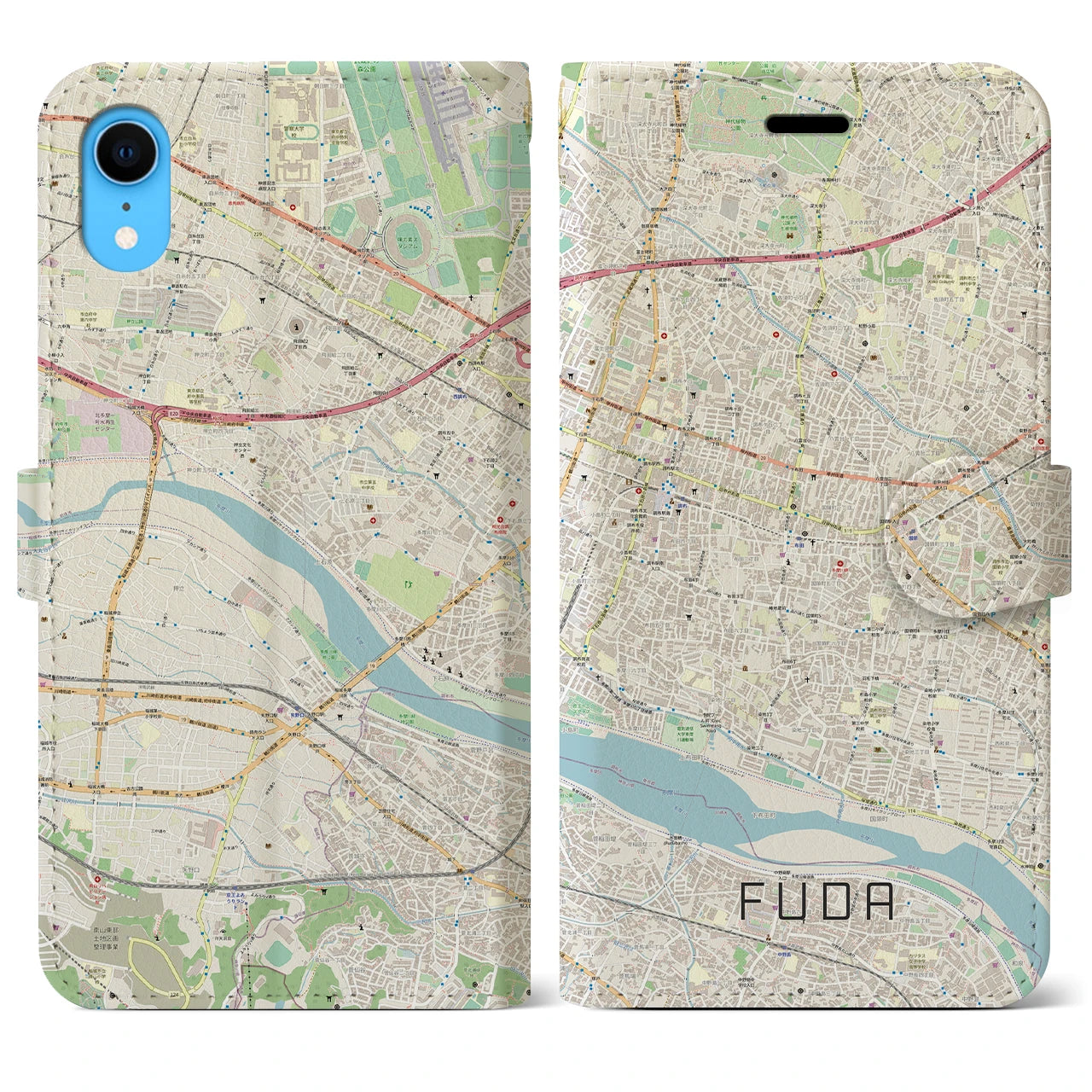 【布田】地図柄iPhoneケース（手帳両面タイプ・ナチュラル）iPhone XR 用