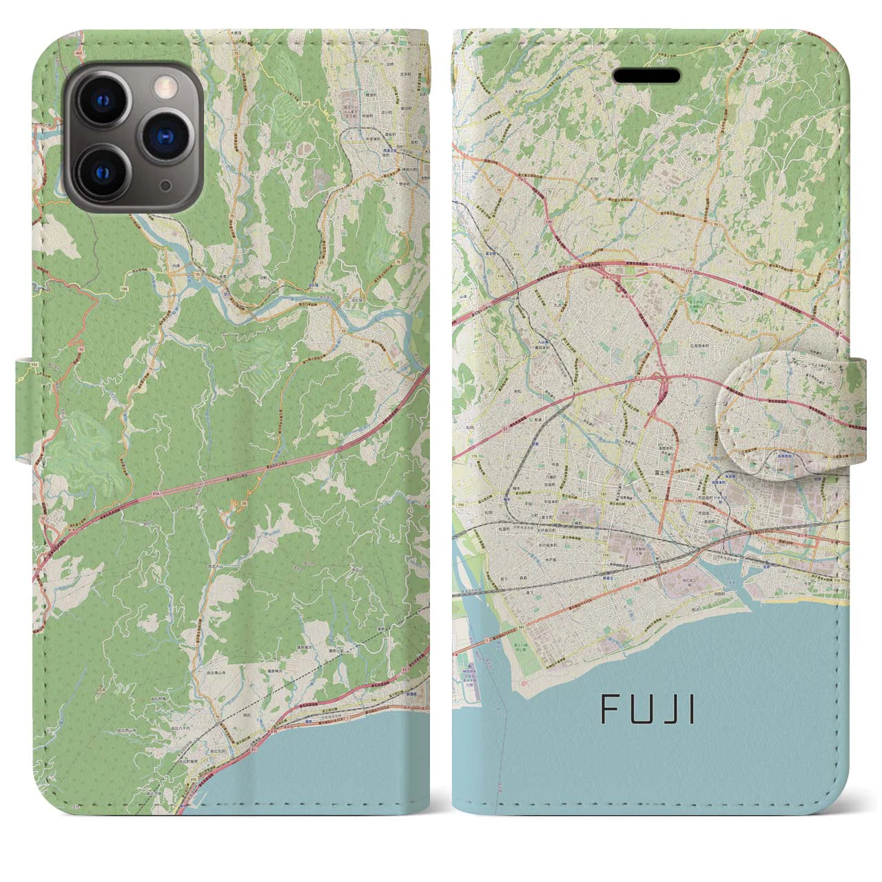 【富士】地図柄iPhoneケース（手帳両面タイプ・ナチュラル）iPhone 11 Pro Max 用
