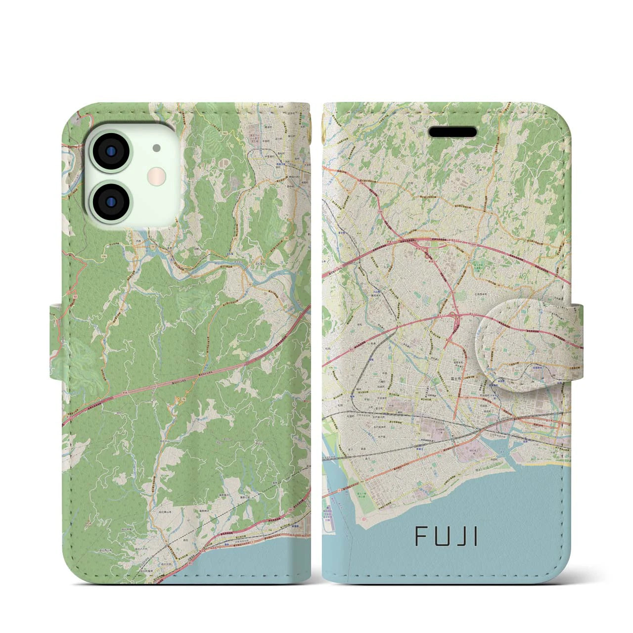 【富士】地図柄iPhoneケース（手帳両面タイプ・ナチュラル）iPhone 12 mini 用