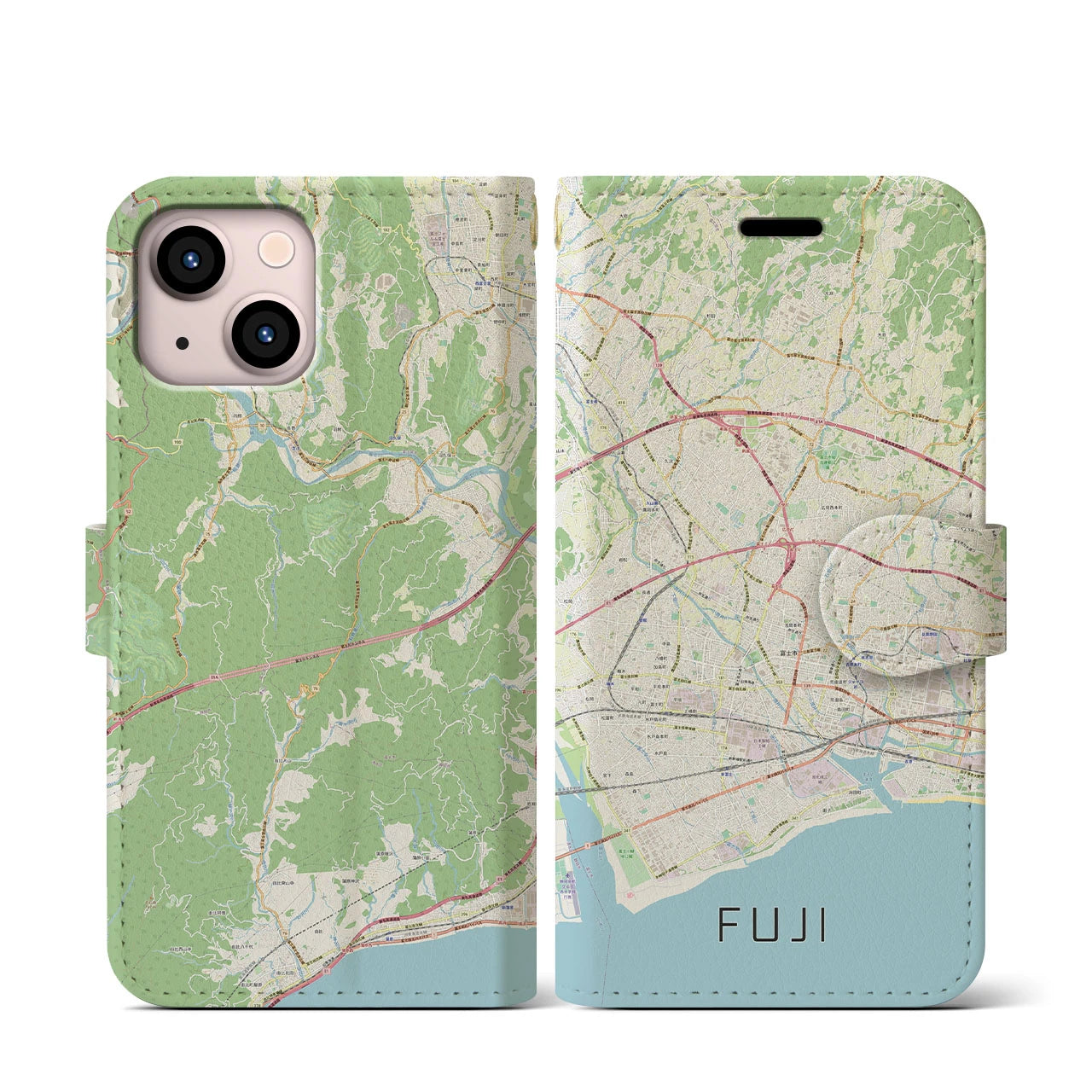 【富士】地図柄iPhoneケース（手帳両面タイプ・ナチュラル）iPhone 13 mini 用