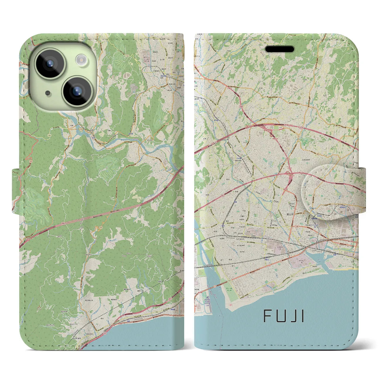 【富士】地図柄iPhoneケース（手帳両面タイプ・ナチュラル）iPhone 15 用