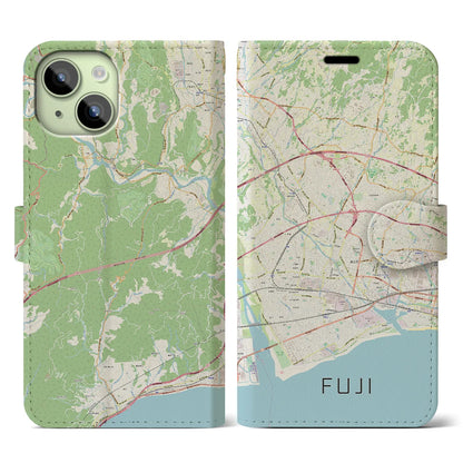 【富士（静岡県）】地図柄iPhoneケース（手帳タイプ）ナチュラル・iPhone 15 用