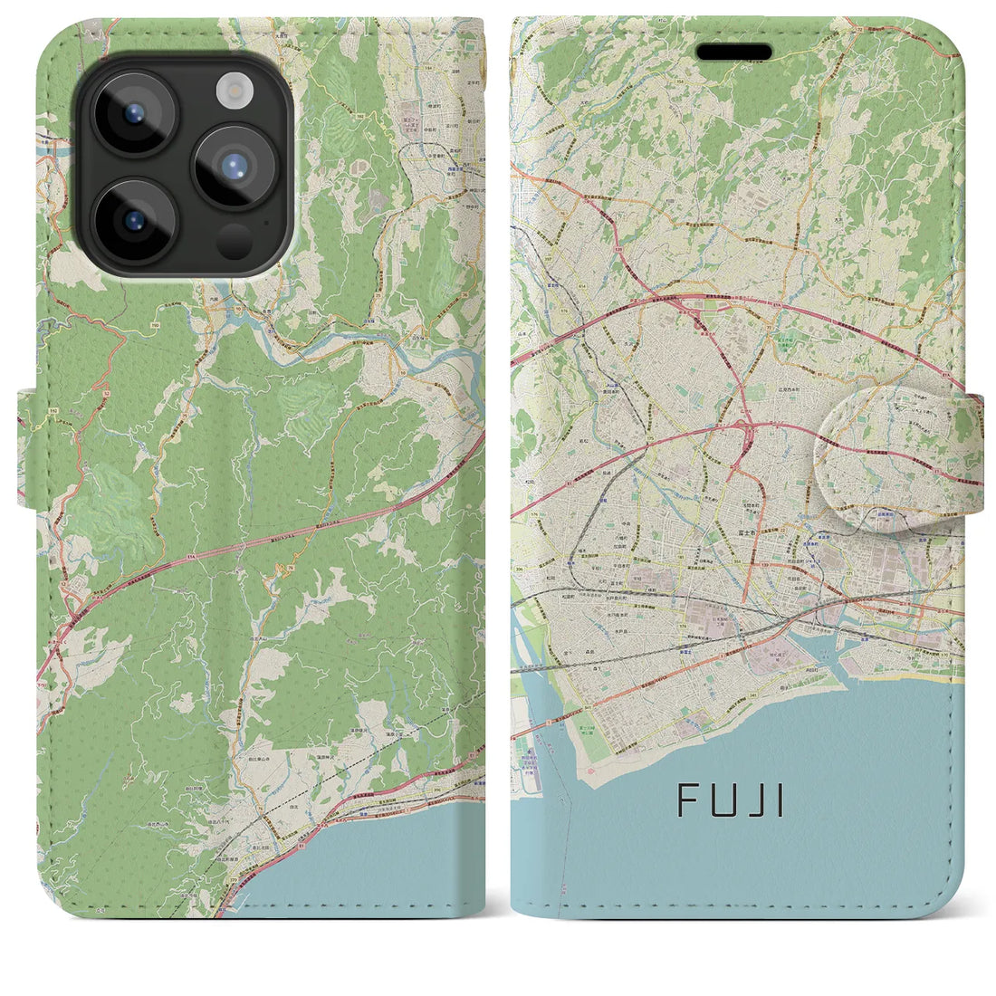 【富士】地図柄iPhoneケース（手帳両面タイプ・ナチュラル）iPhone 15 Pro Max 用