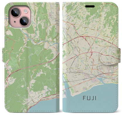 【富士（静岡県）】地図柄iPhoneケース（手帳タイプ）ナチュラル・iPhone 15 Plus 用