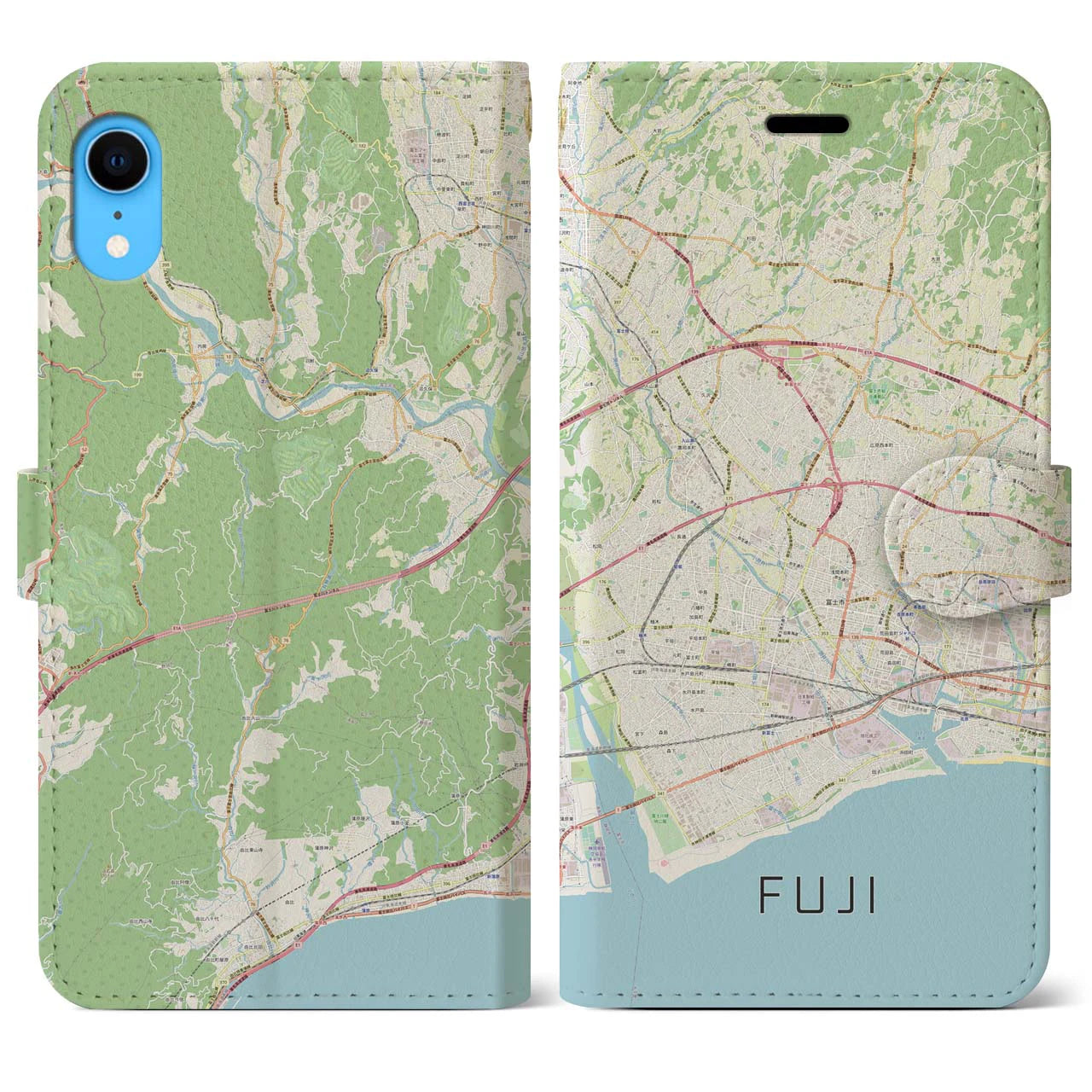 【富士】地図柄iPhoneケース（手帳両面タイプ・ナチュラル）iPhone XR 用