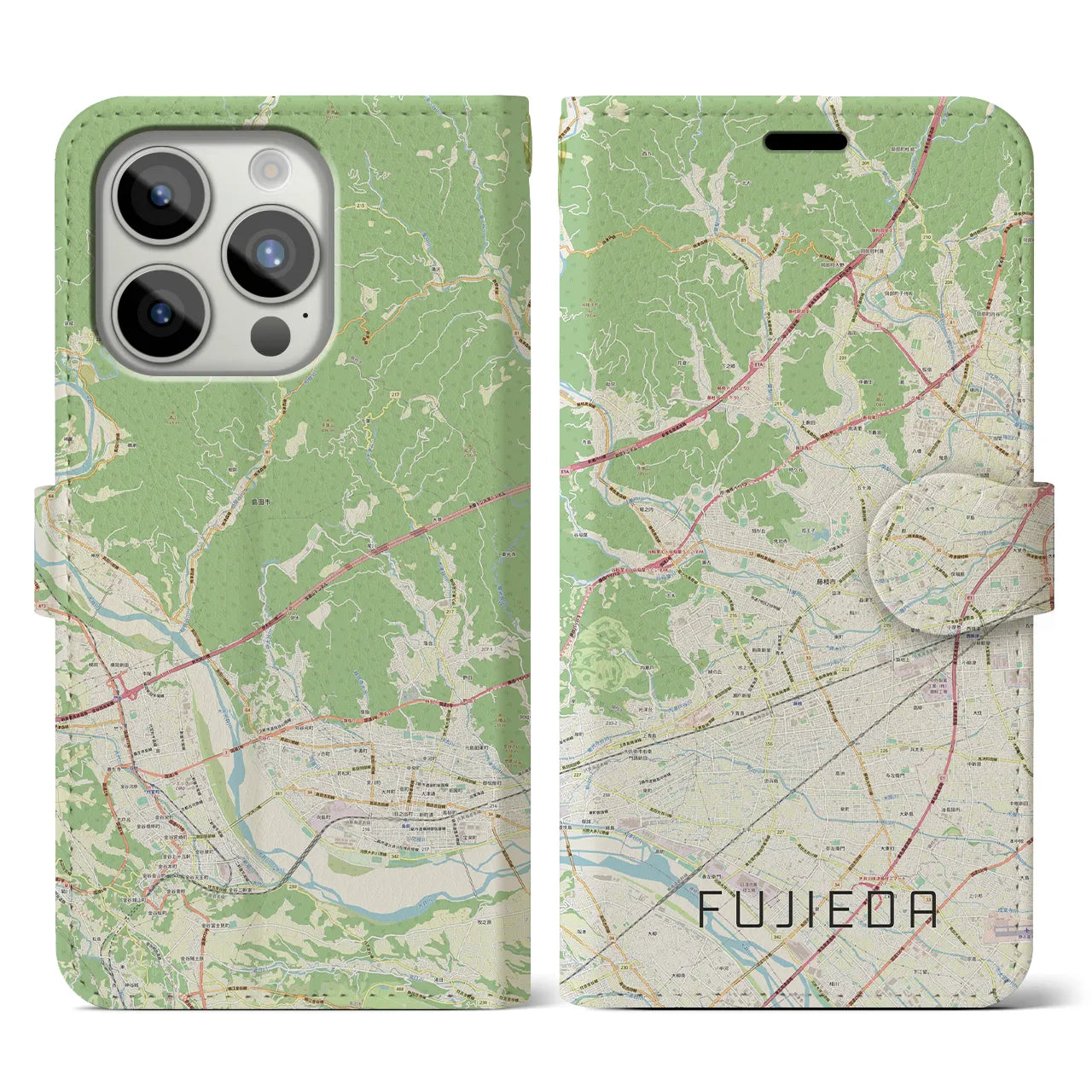 【藤枝】地図柄iPhoneケース（手帳両面タイプ・ナチュラル）iPhone 15 Pro 用