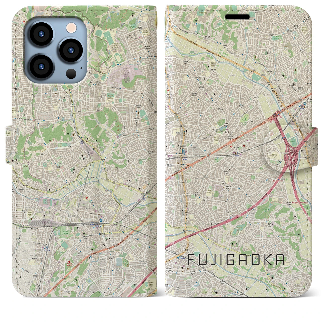 【藤が丘】地図柄iPhoneケース（手帳両面タイプ・ナチュラル）iPhone 13 Pro Max 用