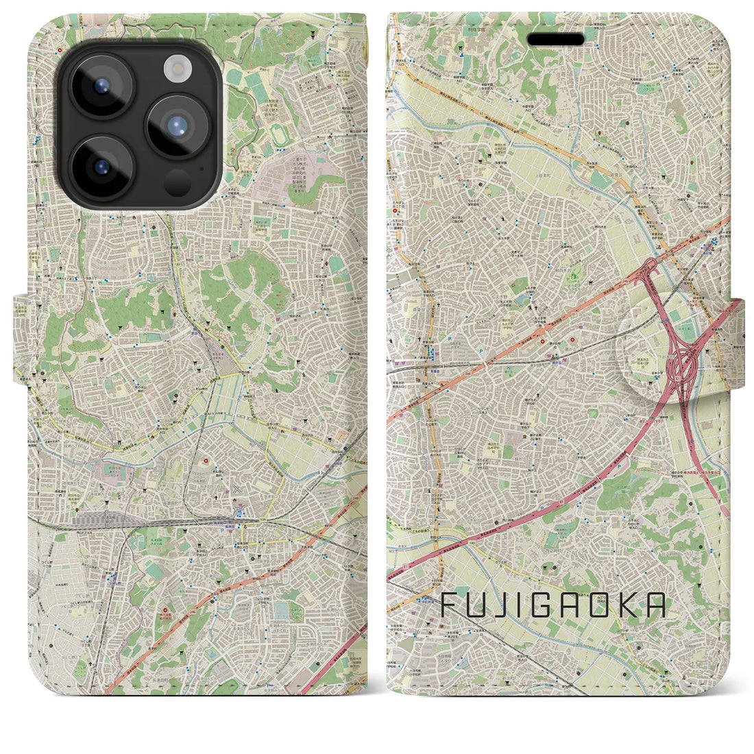 【藤が丘】地図柄iPhoneケース（手帳両面タイプ・ナチュラル）iPhone 15 Pro Max 用