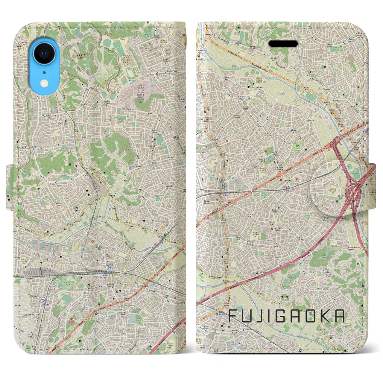 【藤が丘】地図柄iPhoneケース（手帳両面タイプ・ナチュラル）iPhone XR 用