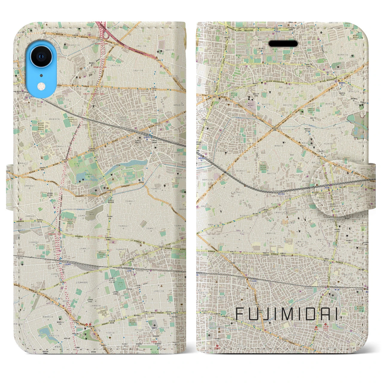 【富士見台】地図柄iPhoneケース（手帳両面タイプ・ナチュラル）iPhone XR 用