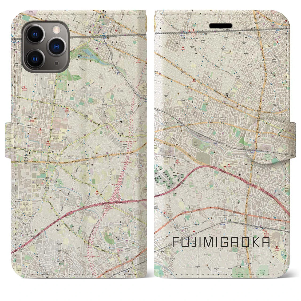 【富士見ヶ丘】地図柄iPhoneケース（手帳両面タイプ・ナチュラル）iPhone 11 Pro Max 用
