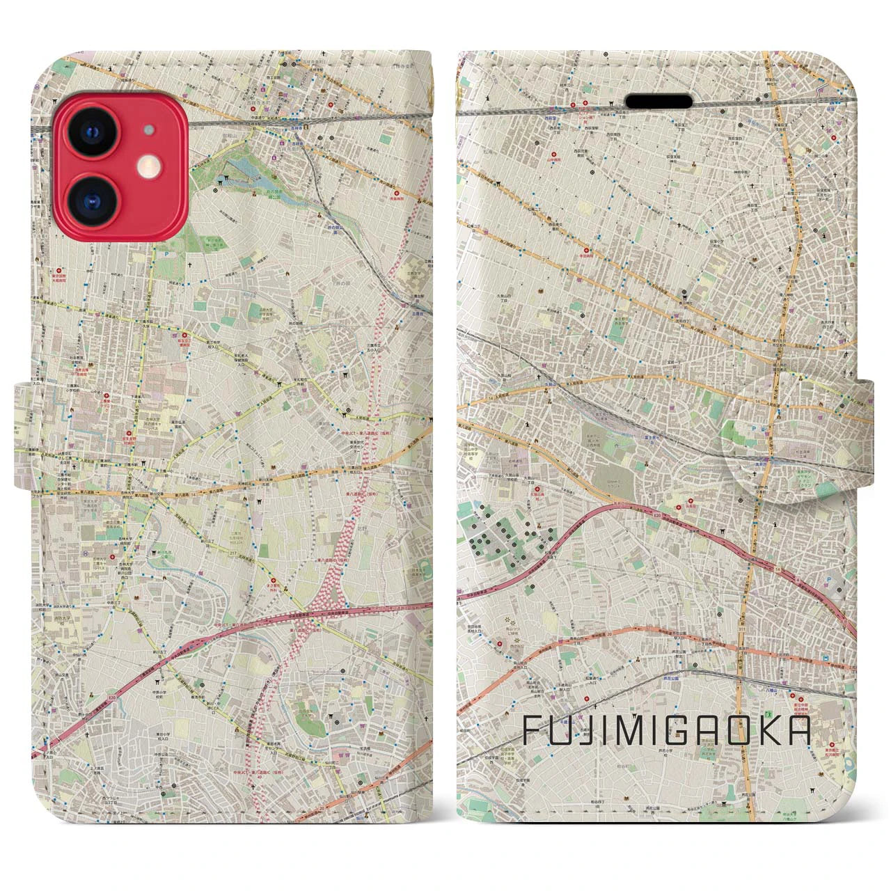 【富士見ヶ丘】地図柄iPhoneケース（手帳両面タイプ・ナチュラル）iPhone 11 用