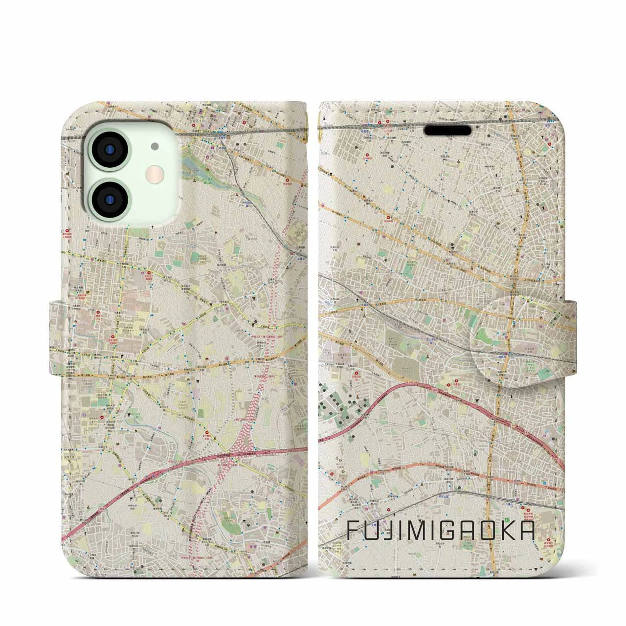 【富士見ヶ丘】地図柄iPhoneケース（手帳両面タイプ・ナチュラル）iPhone 12 mini 用