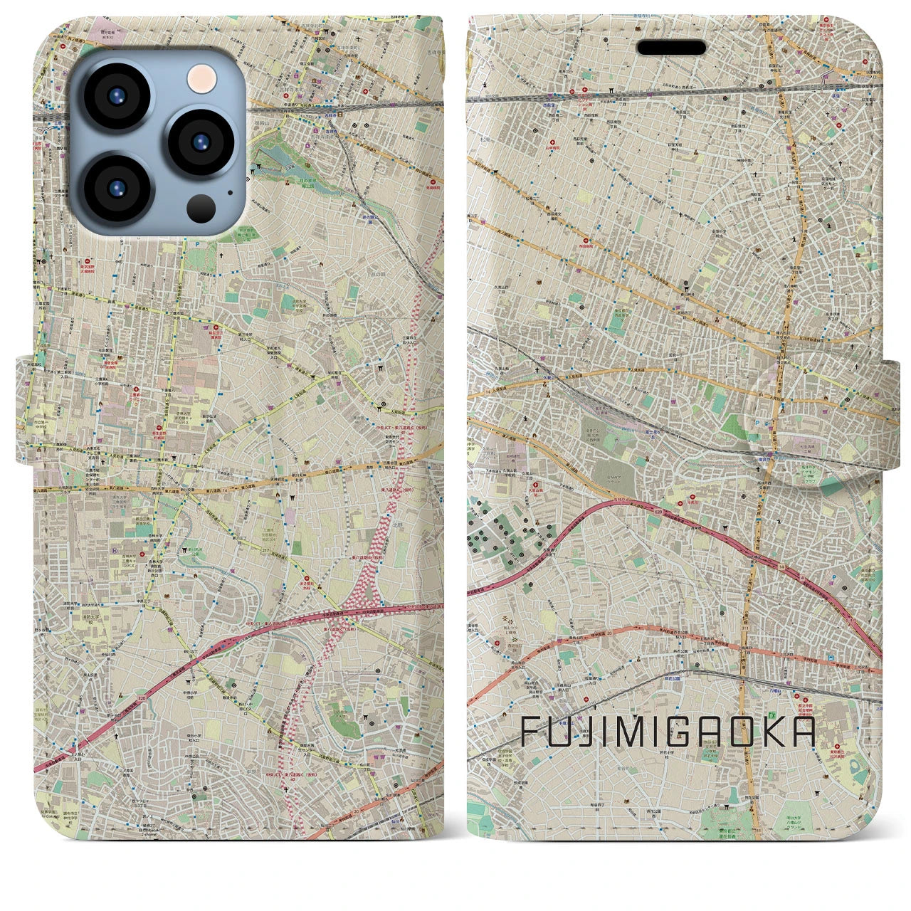 【富士見ヶ丘】地図柄iPhoneケース（手帳両面タイプ・ナチュラル）iPhone 13 Pro Max 用