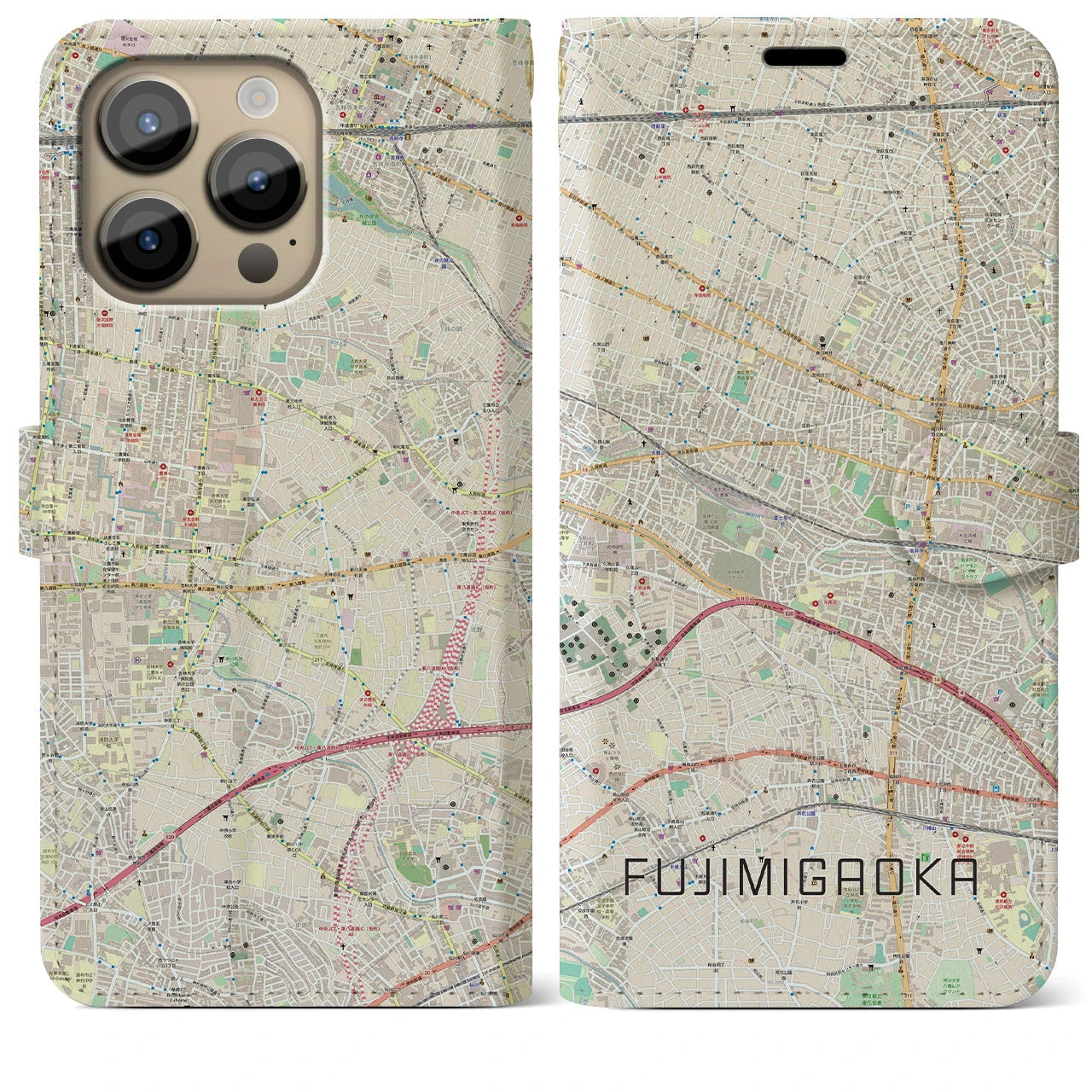 【富士見ヶ丘】地図柄iPhoneケース（手帳両面タイプ・ナチュラル）iPhone 14 Pro Max 用
