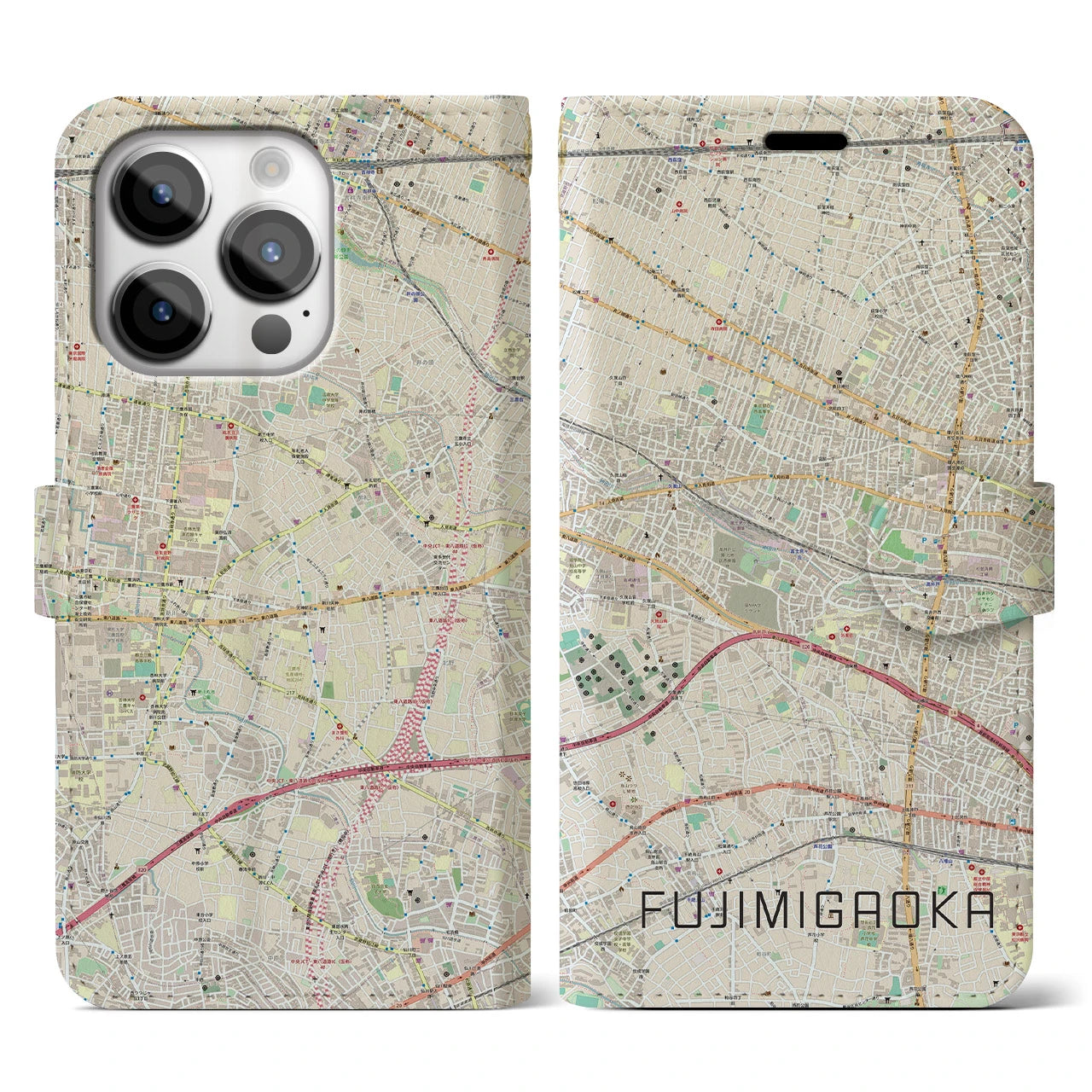 【富士見ヶ丘】地図柄iPhoneケース（手帳両面タイプ・ナチュラル）iPhone 14 Pro 用