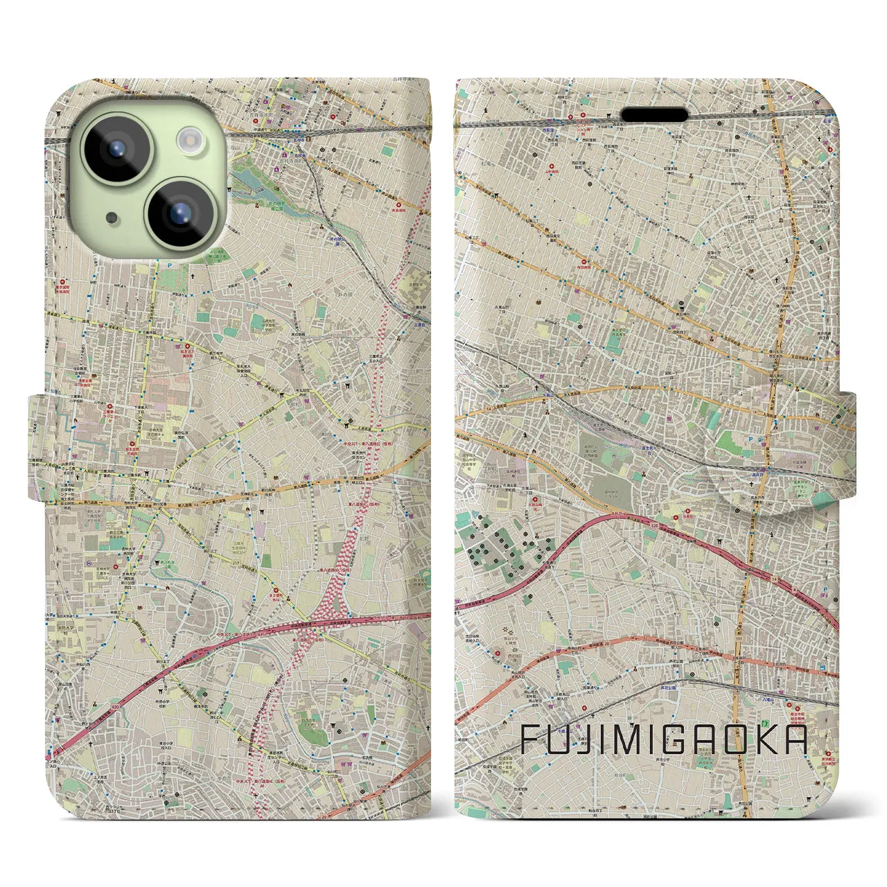 【富士見ヶ丘】地図柄iPhoneケース（手帳両面タイプ・ナチュラル）iPhone 15 用