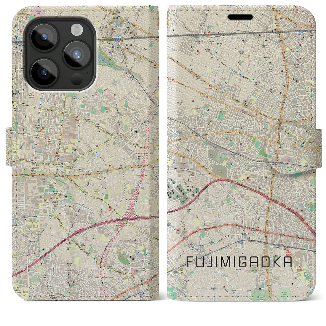 【富士見ヶ丘】地図柄iPhoneケース（手帳両面タイプ・ナチュラル）iPhone 15 Pro Max 用