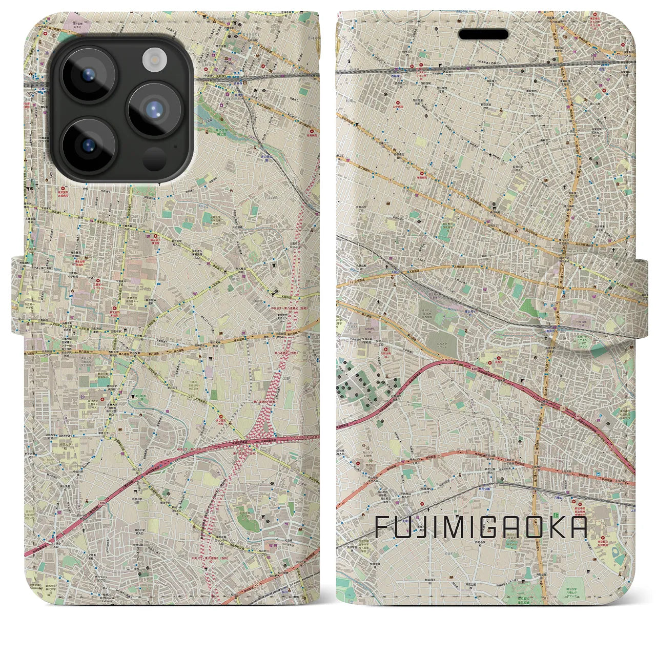 【富士見ヶ丘】地図柄iPhoneケース（手帳両面タイプ・ナチュラル）iPhone 15 Pro Max 用