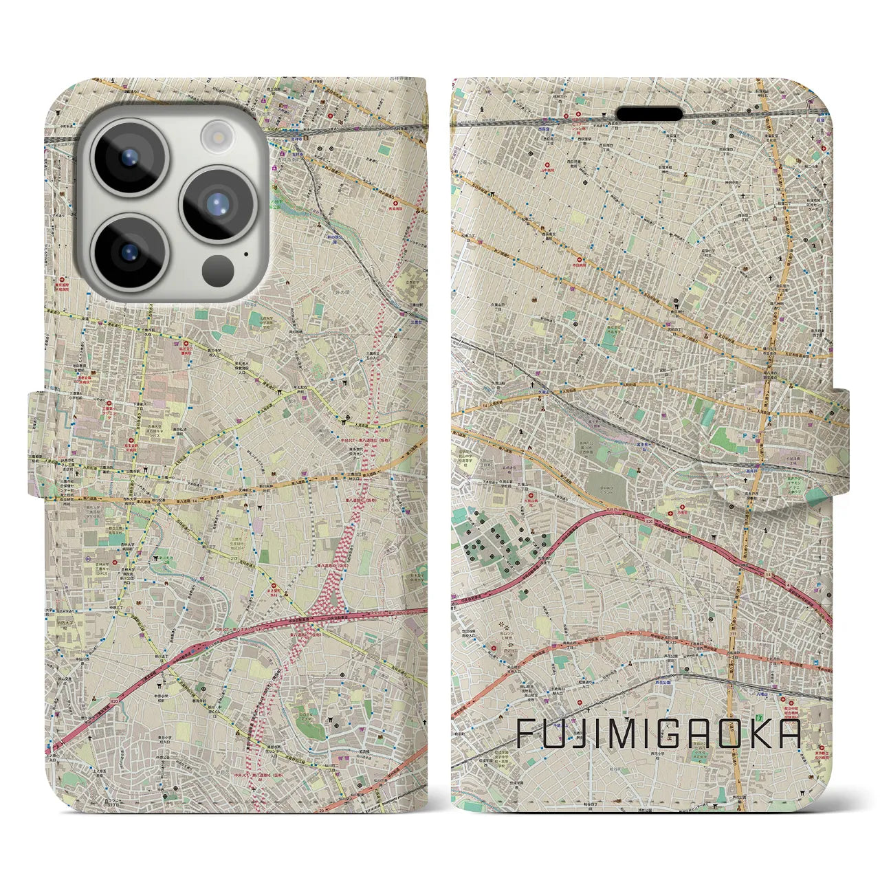 【富士見ヶ丘】地図柄iPhoneケース（手帳両面タイプ・ナチュラル）iPhone 15 Pro 用