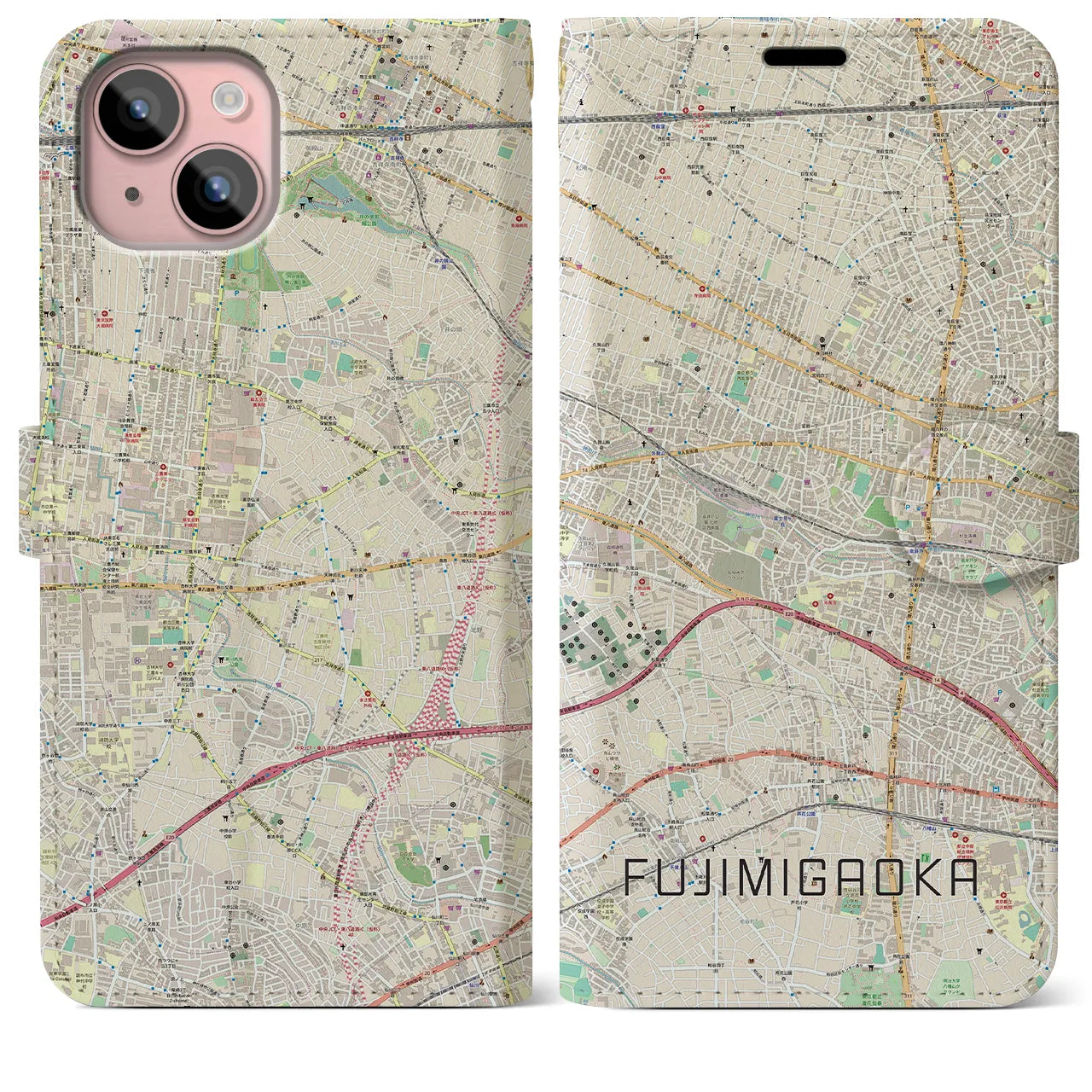 【富士見ヶ丘】地図柄iPhoneケース（手帳両面タイプ・ナチュラル）iPhone 15 Plus 用