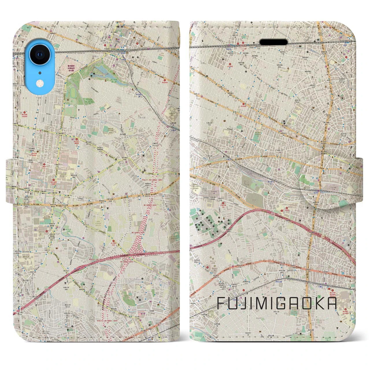 【富士見ヶ丘】地図柄iPhoneケース（手帳両面タイプ・ナチュラル）iPhone XR 用