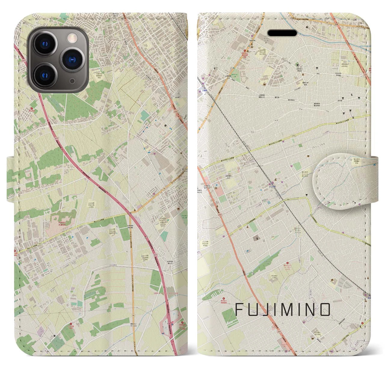 【ふじみ野】地図柄iPhoneケース（手帳両面タイプ・ナチュラル）iPhone 11 Pro Max 用
