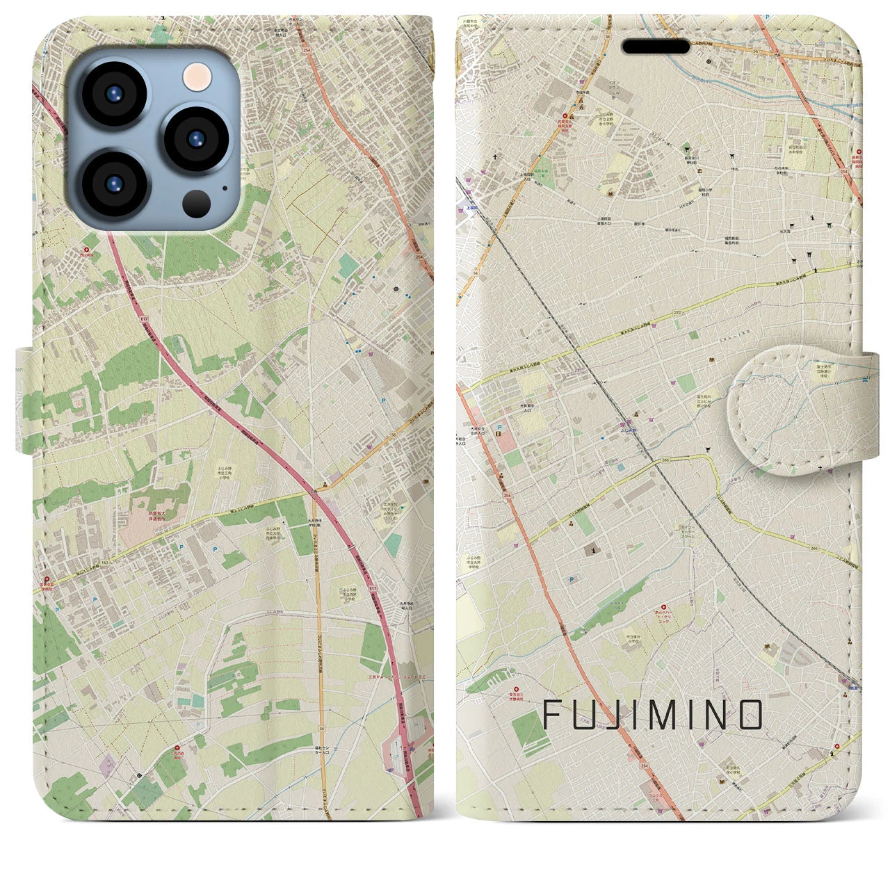 【ふじみ野】地図柄iPhoneケース（手帳両面タイプ・ナチュラル）iPhone 13 Pro Max 用