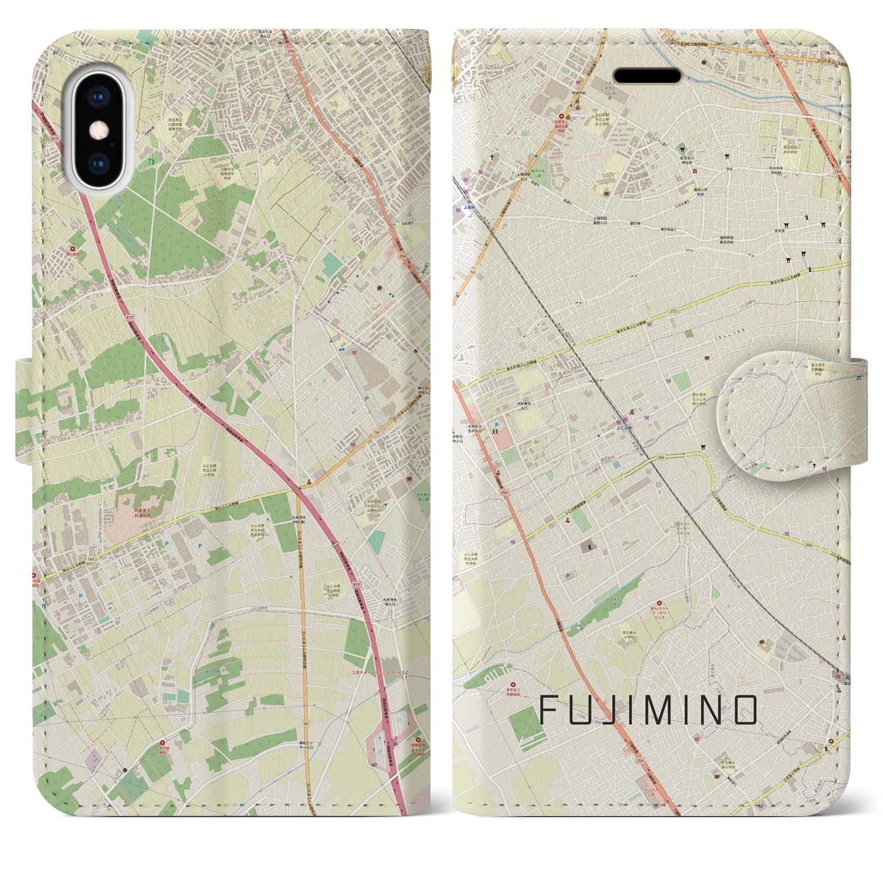 【ふじみ野】地図柄iPhoneケース（手帳両面タイプ・ナチュラル）iPhone XS Max 用