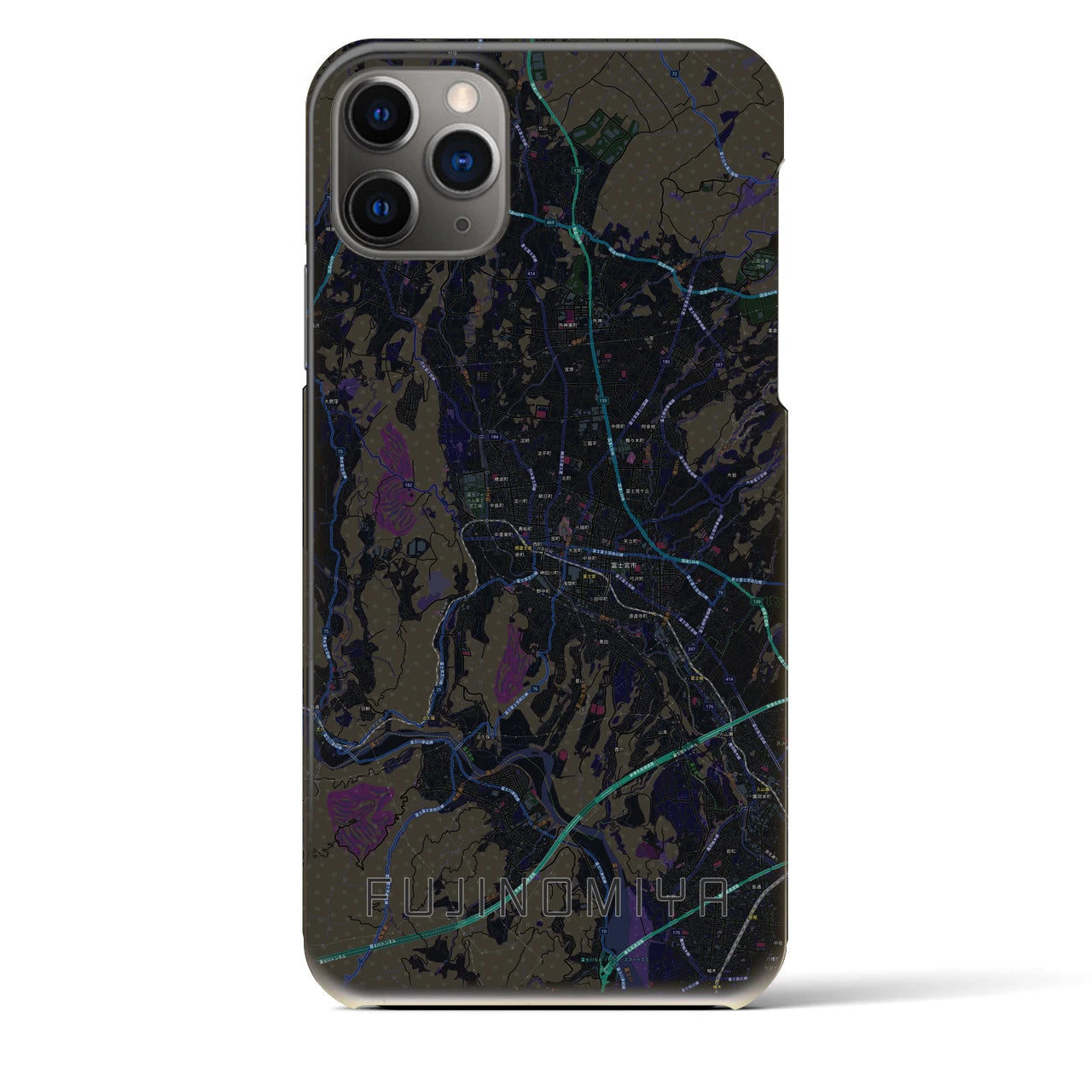 【富士宮】地図柄iPhoneケース（バックカバータイプ・ブラック）iPhone 11 Pro Max 用