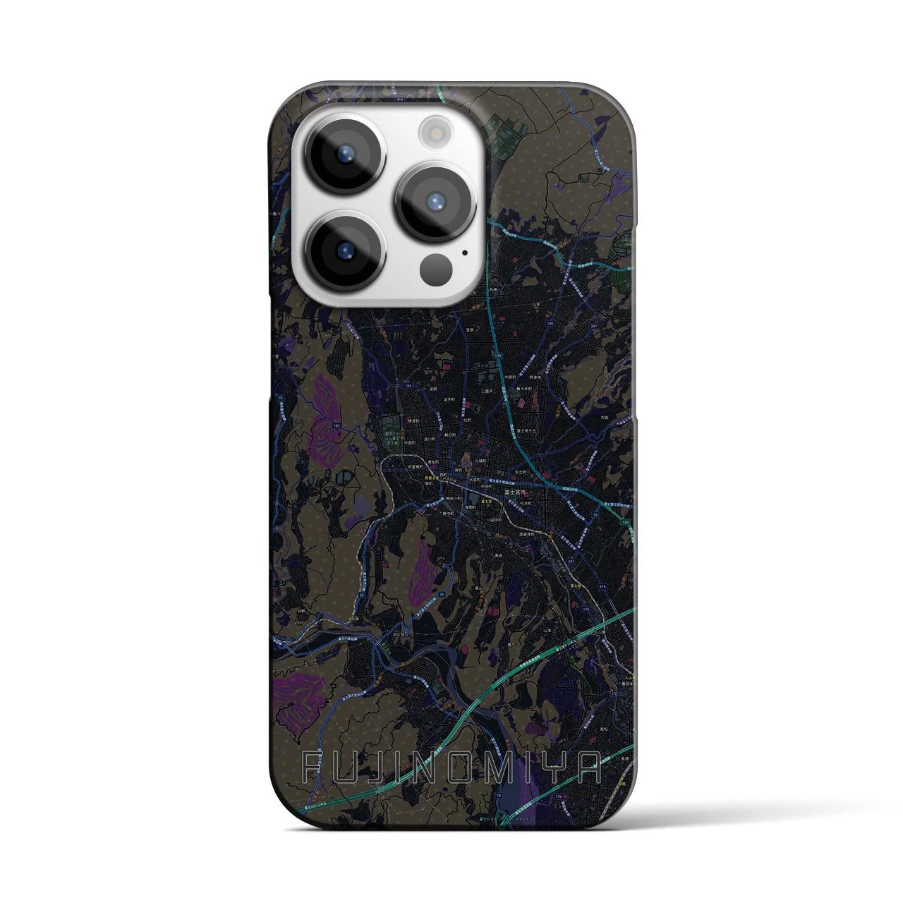【富士宮】地図柄iPhoneケース（バックカバータイプ・ブラック）iPhone 14 Pro 用