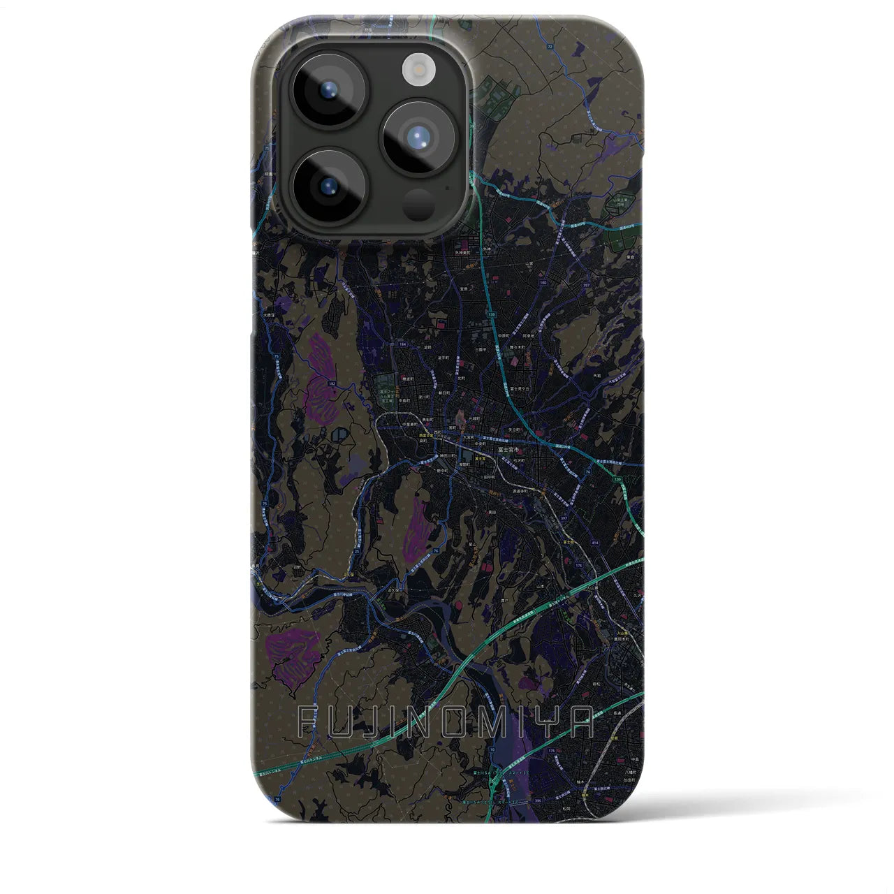 【富士宮】地図柄iPhoneケース（バックカバータイプ・ブラック）iPhone 15 Pro Max 用