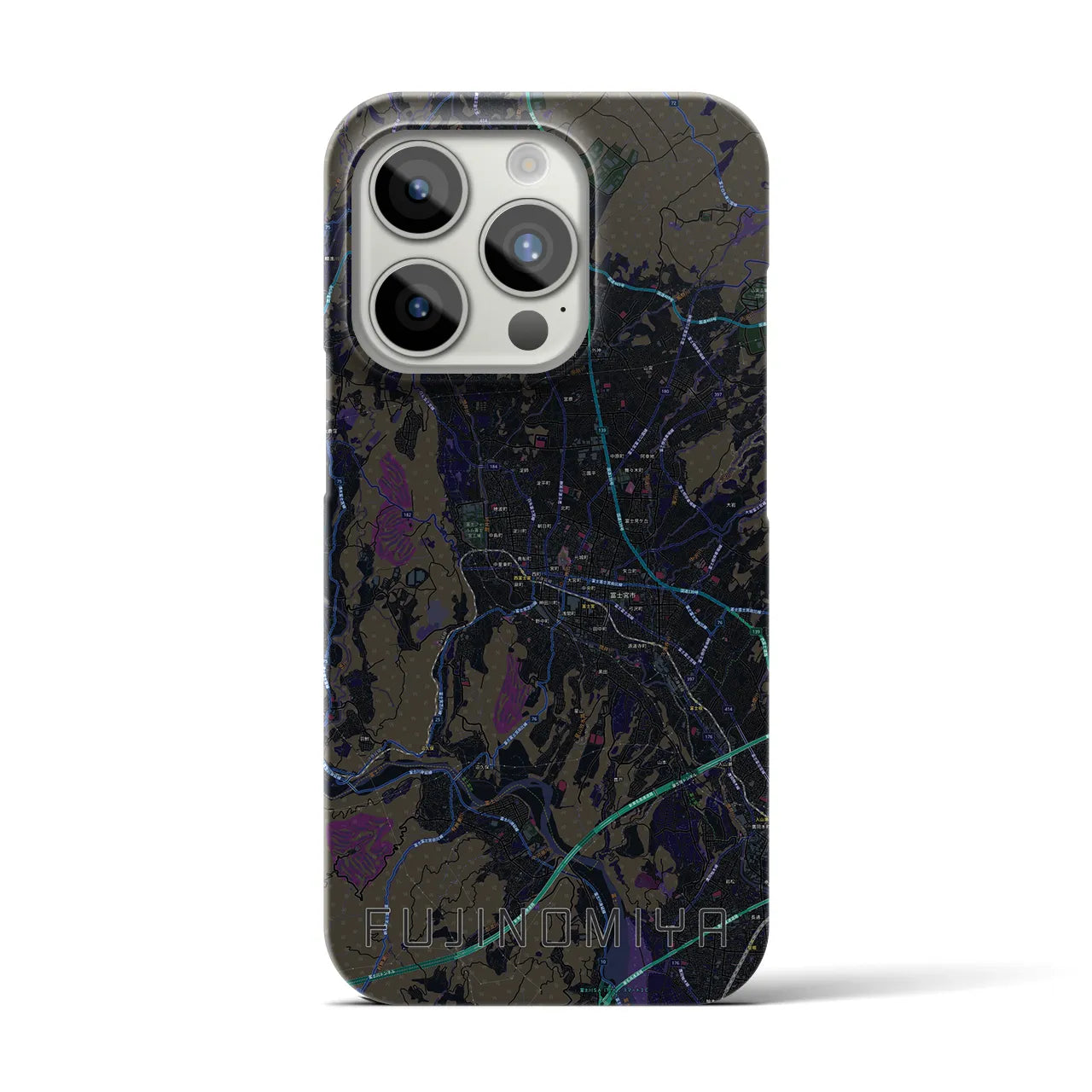 【富士宮】地図柄iPhoneケース（バックカバータイプ・ブラック）iPhone 15 Pro 用