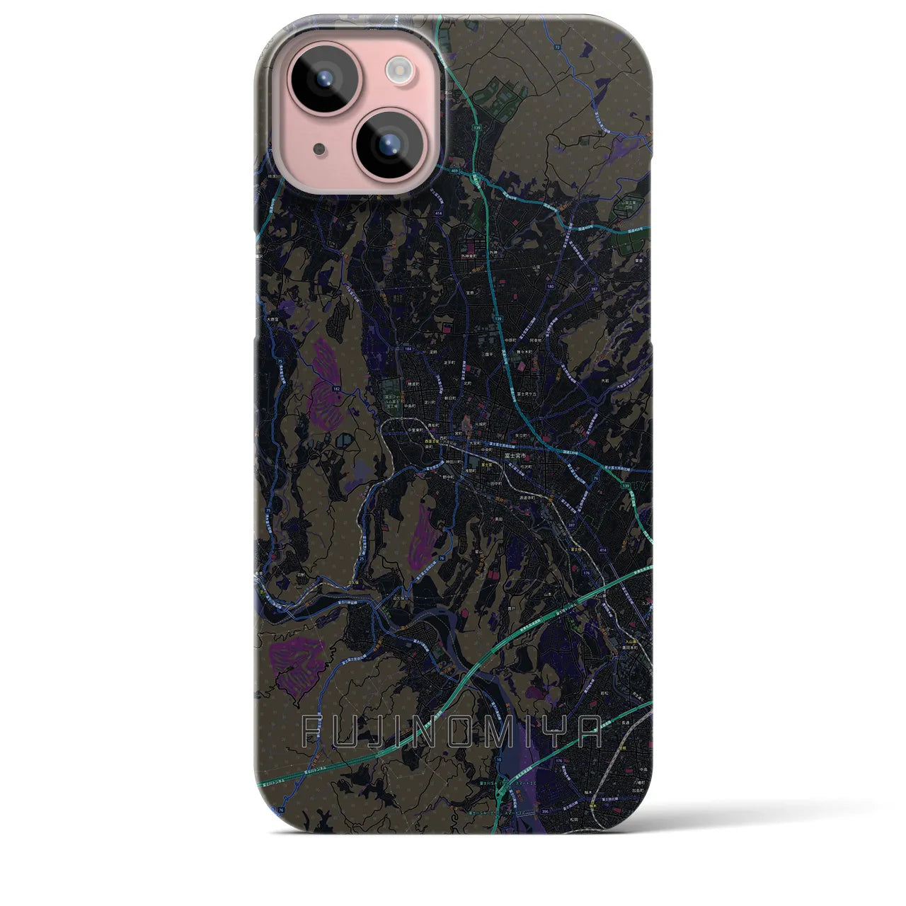 【富士宮】地図柄iPhoneケース（バックカバータイプ・ブラック）iPhone 15 Plus 用