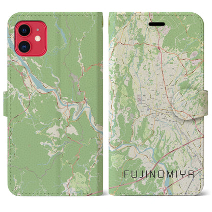 【富士宮（静岡県）】地図柄iPhoneケース（手帳タイプ）ナチュラル・iPhone 11 用