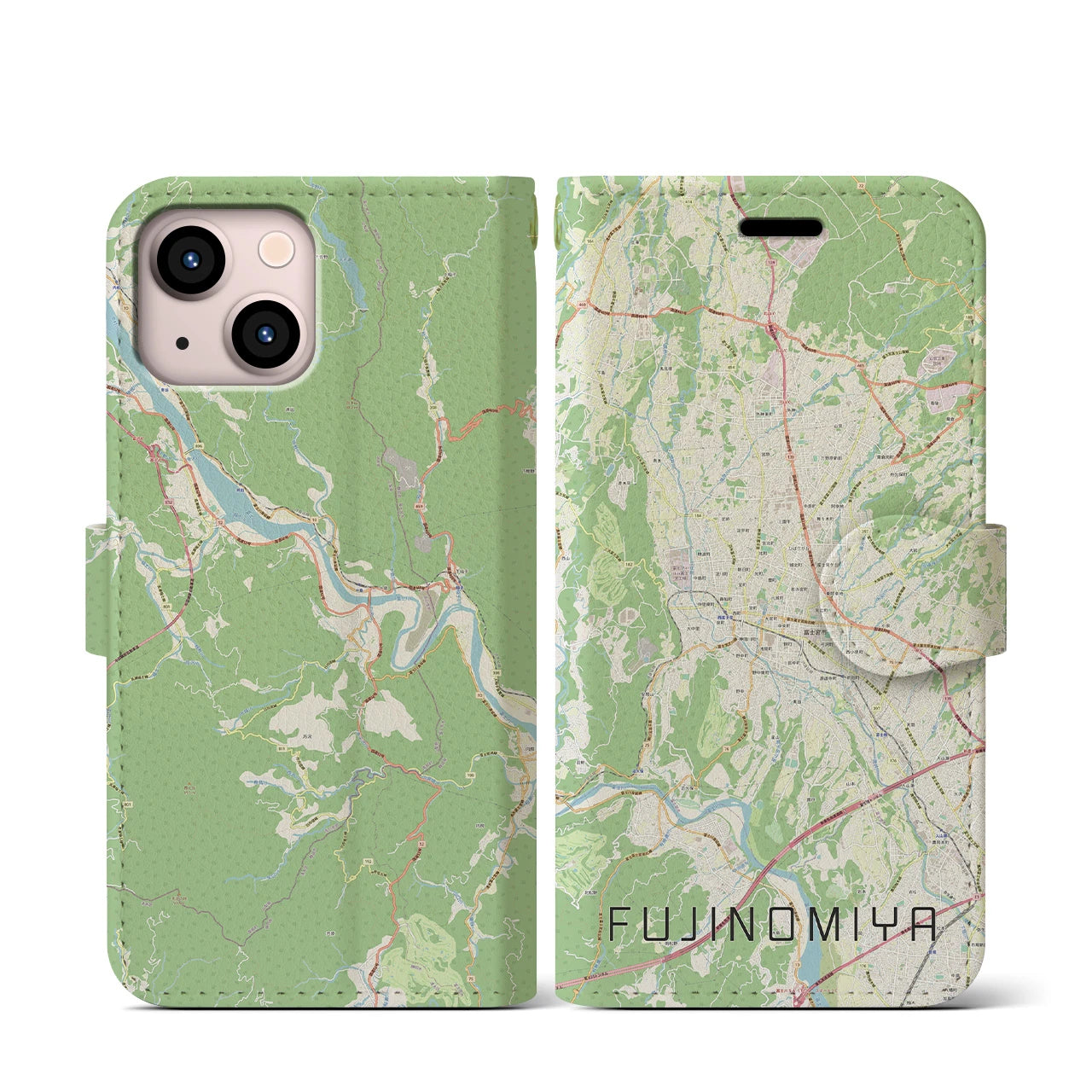 【富士宮】地図柄iPhoneケース（手帳両面タイプ・ナチュラル）iPhone 13 mini 用